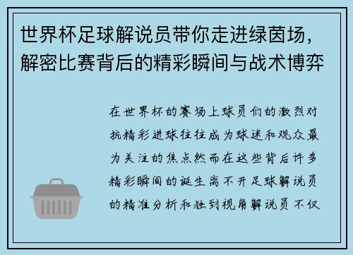 世界杯足球解说员带你走进绿茵场，解密比赛背后的精彩瞬间与战术博弈